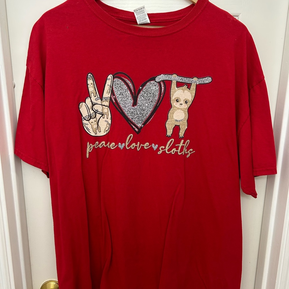 Fruit of the Loom Red Peace Love Sloth Kids T-Shirt